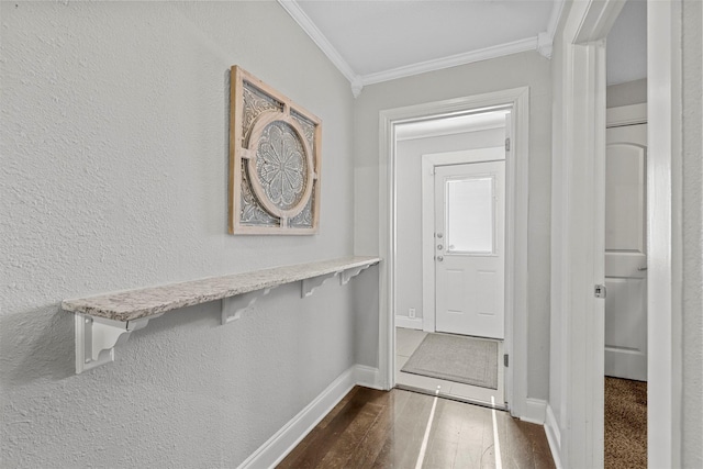 interior space with ornamental molding and dark hardwood / wood-style floors