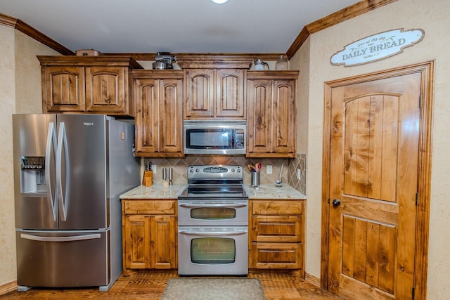 kitchen featuring backsplash, ornamental molding, dark hardwood / wood-style floors, and appliances with stainless steel finishes