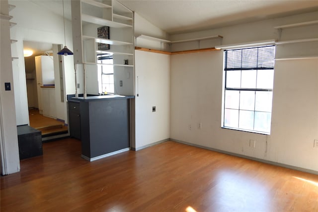 kitchen featuring wood-type flooring and lofted ceiling