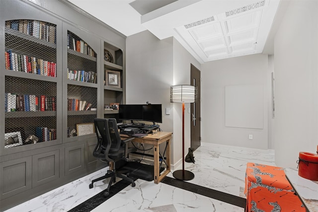 home office featuring built in shelves