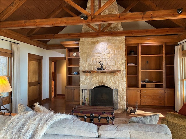 living room featuring hardwood / wood-style floors, wood ceiling, a fireplace, and lofted ceiling with beams