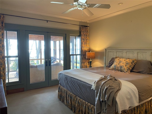 bedroom with french doors, light carpet, access to outside, ornamental molding, and ceiling fan