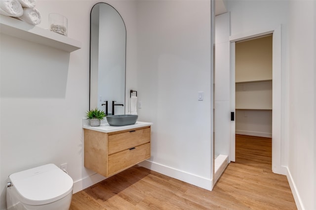 bathroom featuring vanity, wood-type flooring, and toilet