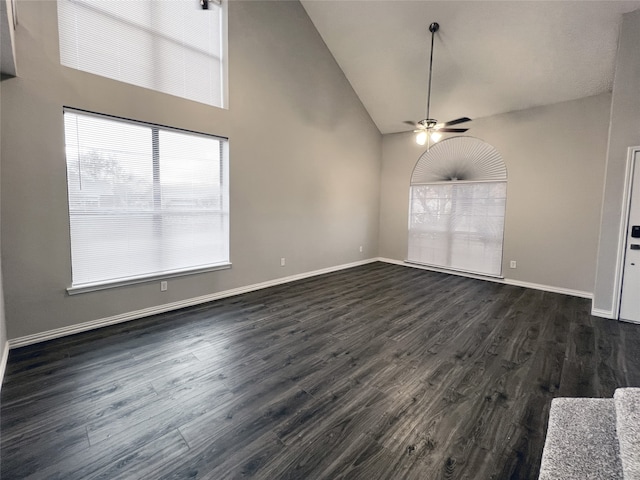 unfurnished living room featuring high vaulted ceiling, dark hardwood / wood-style floors, and ceiling fan