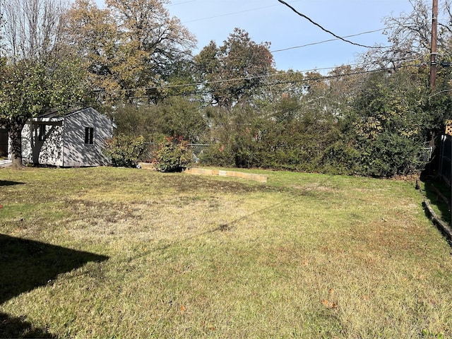 view of yard featuring a storage shed