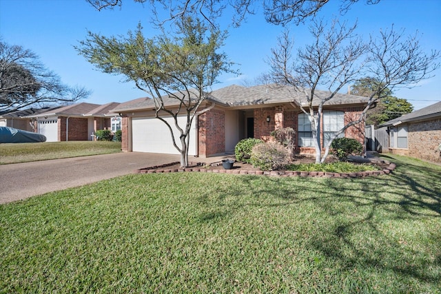 ranch-style house with a garage and a front yard