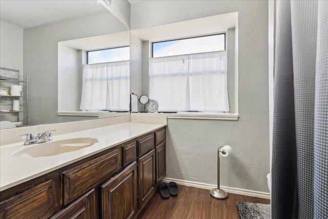 bathroom with vanity and hardwood / wood-style flooring