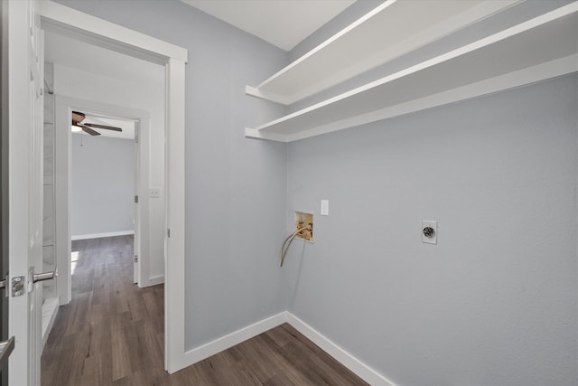 clothes washing area with electric dryer hookup, ceiling fan, hookup for a washing machine, and dark hardwood / wood-style floors