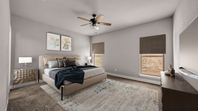 bedroom featuring light carpet and ceiling fan