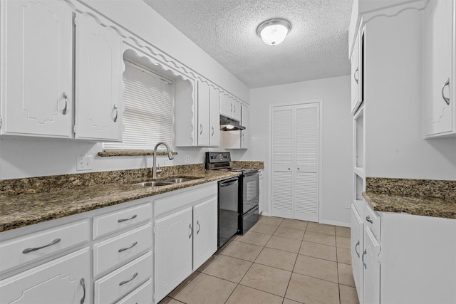 kitchen with white cabinets, black appliances, dark stone countertops, and sink