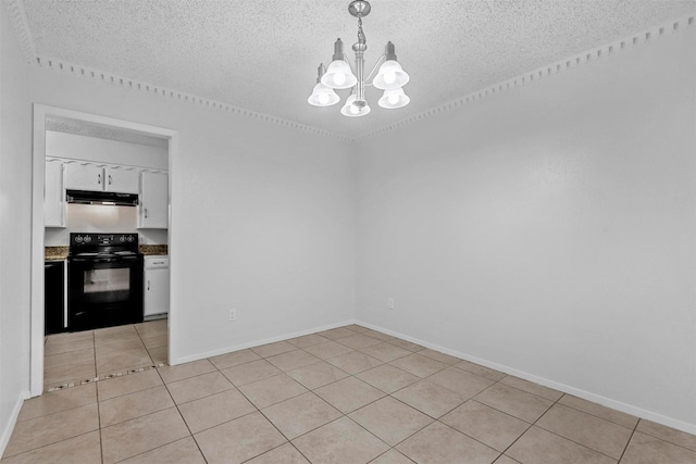 unfurnished dining area with light tile patterned floors, a textured ceiling, and an inviting chandelier