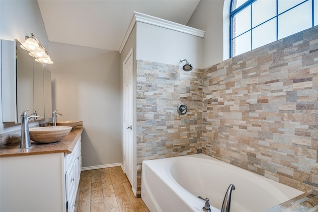 bathroom featuring hardwood / wood-style floors, vanity, and a tub to relax in