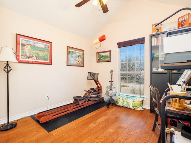 home office featuring ceiling fan, high vaulted ceiling, and hardwood / wood-style flooring