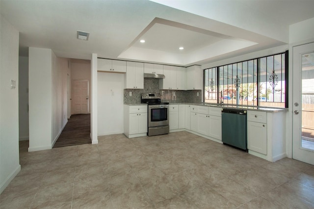 kitchen featuring backsplash, white cabinets, a raised ceiling, sink, and appliances with stainless steel finishes