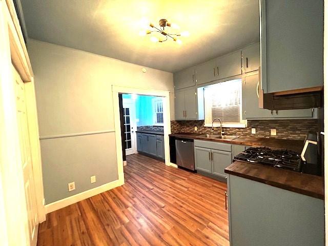 kitchen with dishwasher, sink, wood counters, light hardwood / wood-style flooring, and backsplash