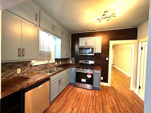 kitchen featuring tasteful backsplash, gray cabinetry, stainless steel appliances, sink, and light hardwood / wood-style flooring