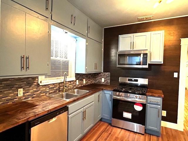 kitchen featuring light wood-type flooring, gray cabinetry, stainless steel appliances, sink, and butcher block countertops