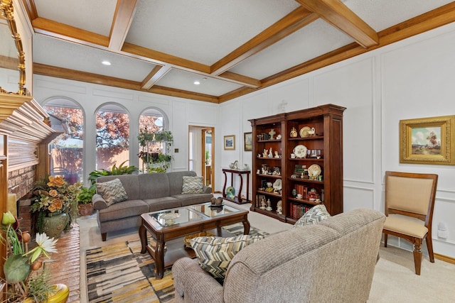 living room featuring beamed ceiling, light colored carpet, coffered ceiling, and a brick fireplace