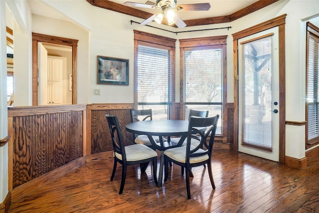 dining space with ceiling fan and dark hardwood / wood-style floors