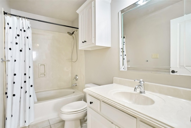 full bathroom featuring tile patterned flooring, vanity, shower / bath combination with curtain, and toilet