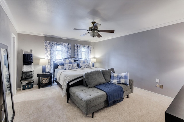 bedroom with light colored carpet, ceiling fan, and ornamental molding