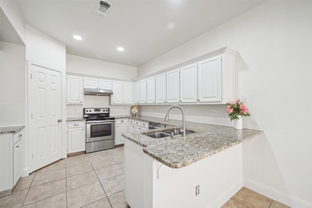 kitchen featuring kitchen peninsula, sink, light tile patterned floors, white cabinets, and stainless steel electric range