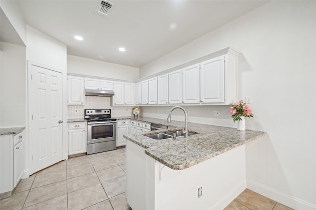 kitchen with sink, stainless steel electric range oven, light tile patterned floors, kitchen peninsula, and white cabinets