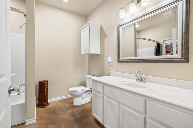 full bathroom with concrete flooring, vanity, toilet, and  shower combination