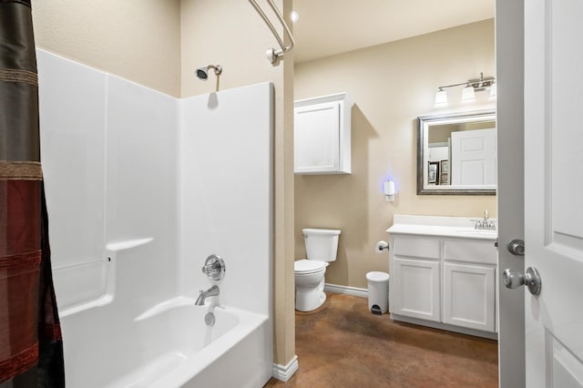 full bathroom with shower / bath combination with curtain, vanity, toilet, and concrete floors