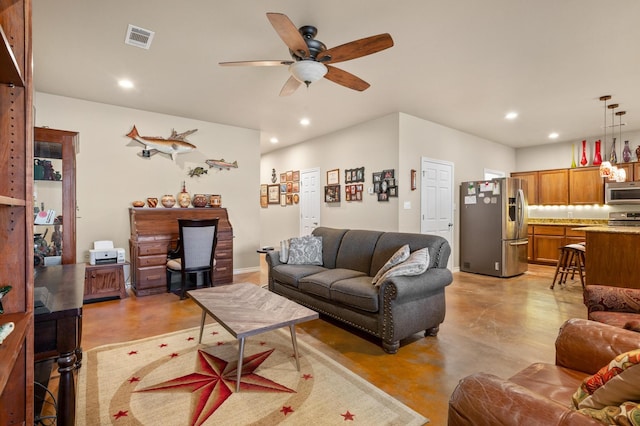 living room with ceiling fan