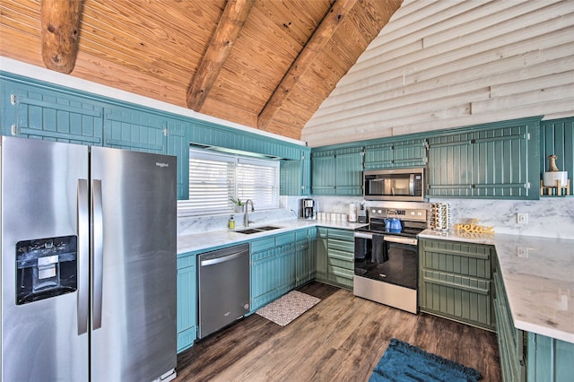 kitchen with wood ceiling, stainless steel appliances, sink, beam ceiling, and high vaulted ceiling