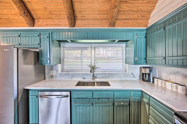 kitchen featuring lofted ceiling with beams, wooden ceiling, sink, and appliances with stainless steel finishes