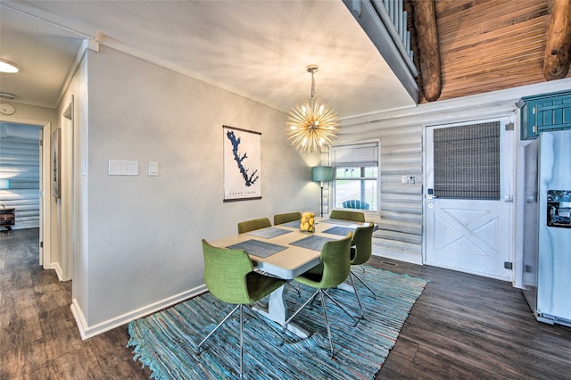 dining room featuring log walls, an inviting chandelier, dark wood-type flooring, and crown molding