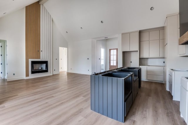 kitchen featuring light hardwood / wood-style flooring, a fireplace, high vaulted ceiling, and gray cabinetry