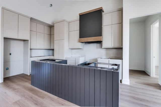 kitchen with gray cabinetry and light wood-type flooring