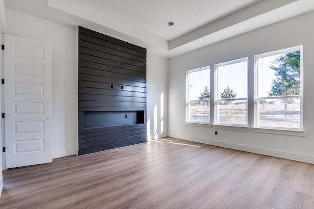 unfurnished living room with light hardwood / wood-style flooring and a raised ceiling