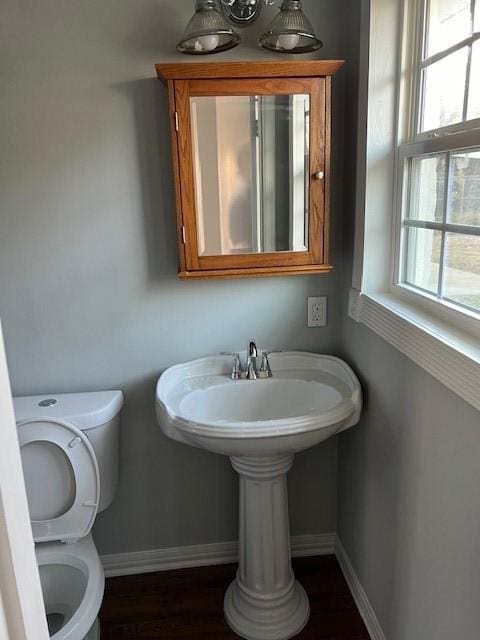 bathroom with toilet and hardwood / wood-style floors