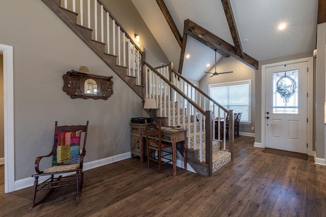 foyer featuring beam ceiling, high vaulted ceiling, ceiling fan, and dark wood-type flooring