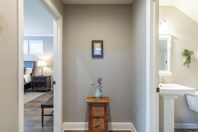 hall with hardwood / wood-style flooring and ornamental molding