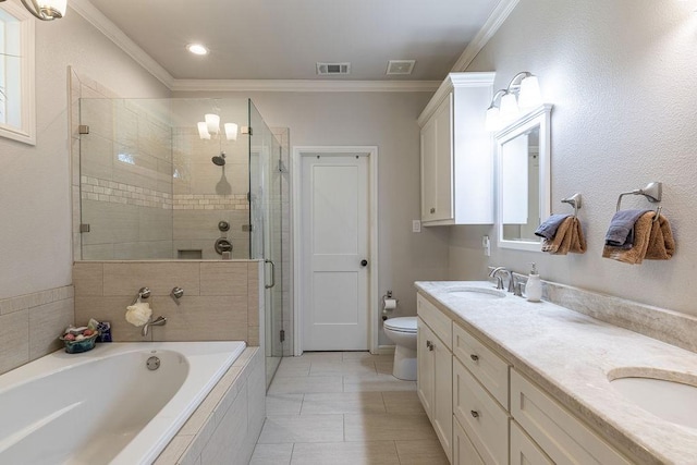 full bathroom featuring vanity, toilet, crown molding, and plus walk in shower