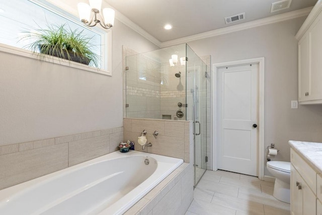 full bathroom with tile patterned floors, ornamental molding, vanity, separate shower and tub, and an inviting chandelier