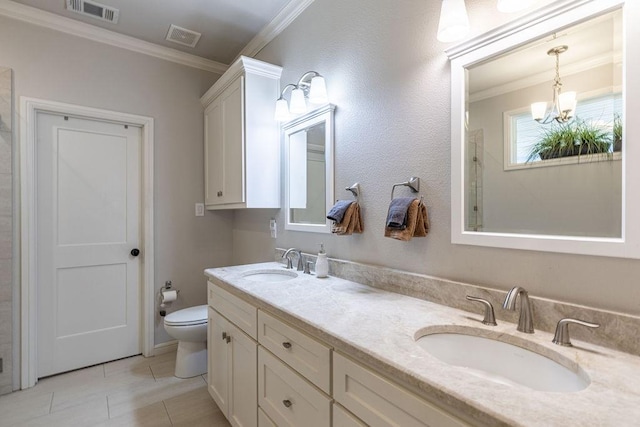 bathroom featuring an inviting chandelier, tile patterned floors, crown molding, toilet, and vanity