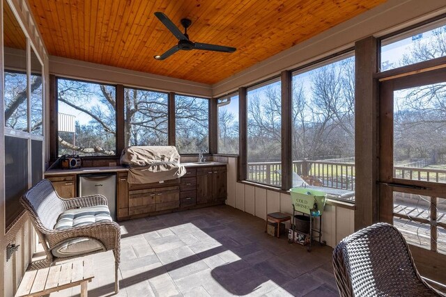 sunroom featuring a wealth of natural light, ceiling fan, and wooden ceiling