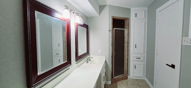 bathroom featuring tile patterned floors, vanity, and an enclosed shower