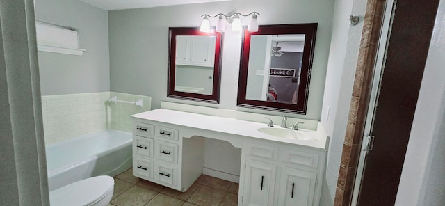 full bathroom featuring toilet, vanity, tile patterned floors, and plus walk in shower