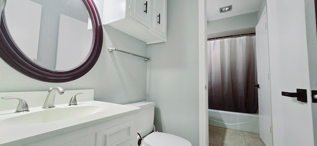 full bathroom featuring vanity, toilet, and shower / bathtub combination with curtain