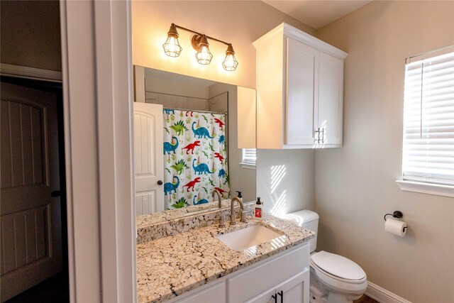 bathroom with vanity, toilet, and curtained shower