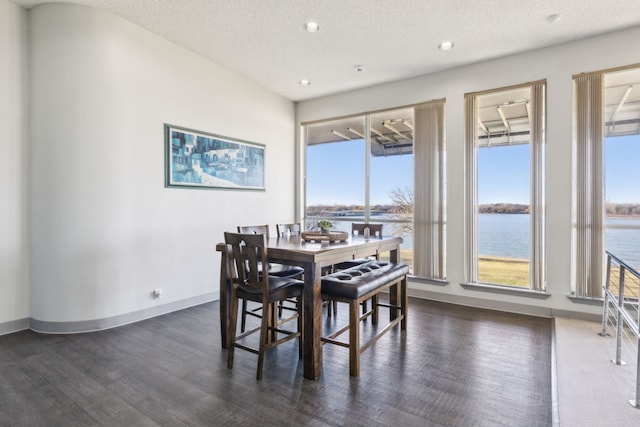 dining space featuring plenty of natural light, dark hardwood / wood-style flooring, a water view, and a textured ceiling