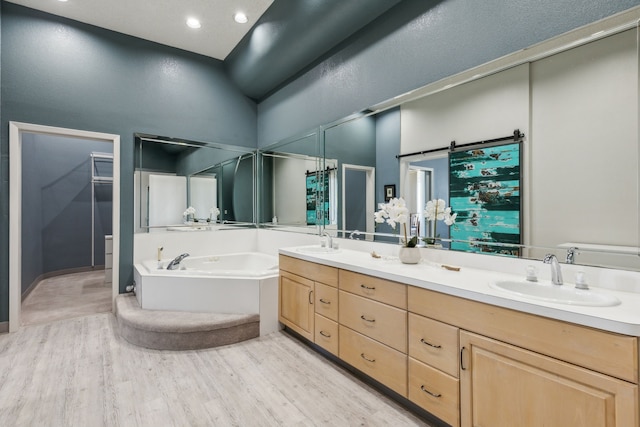 bathroom with a washtub, vanity, and hardwood / wood-style flooring