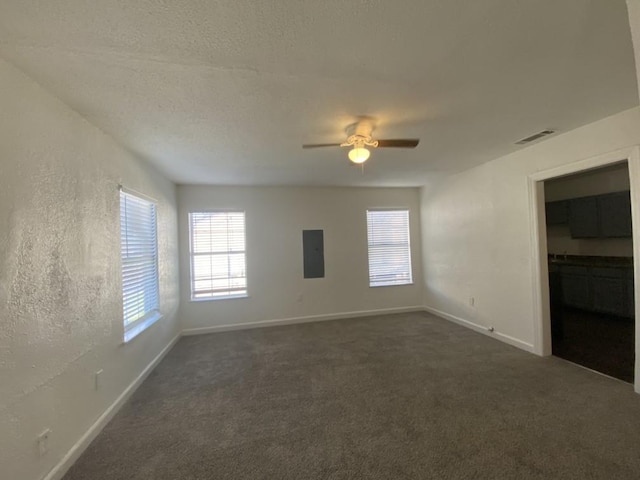 carpeted spare room featuring electric panel, ceiling fan, and a textured ceiling